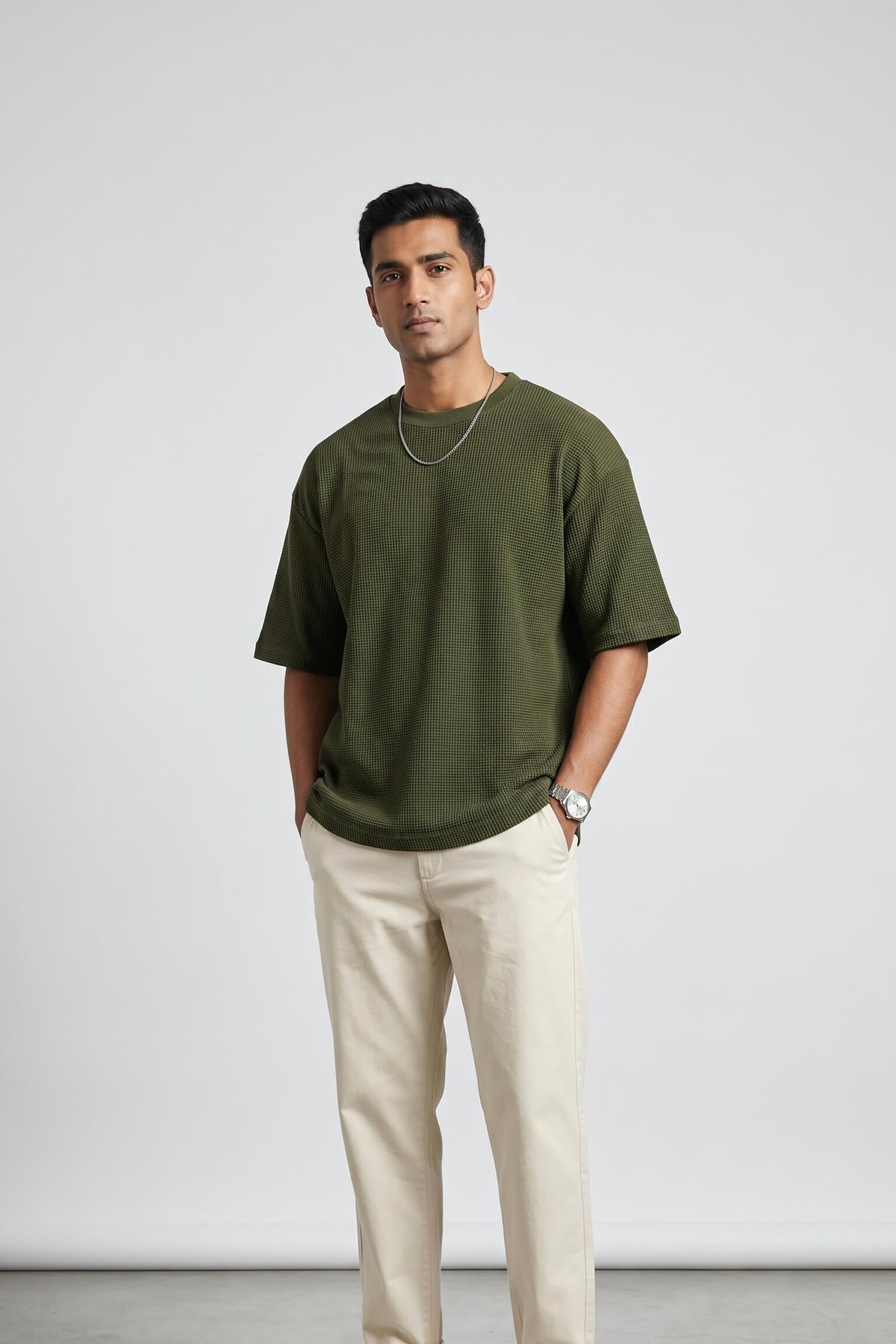 Two-Tone Thermal Oversized Tee - Moss Green