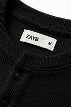 Long Sleeve Ribbed Henley-Black