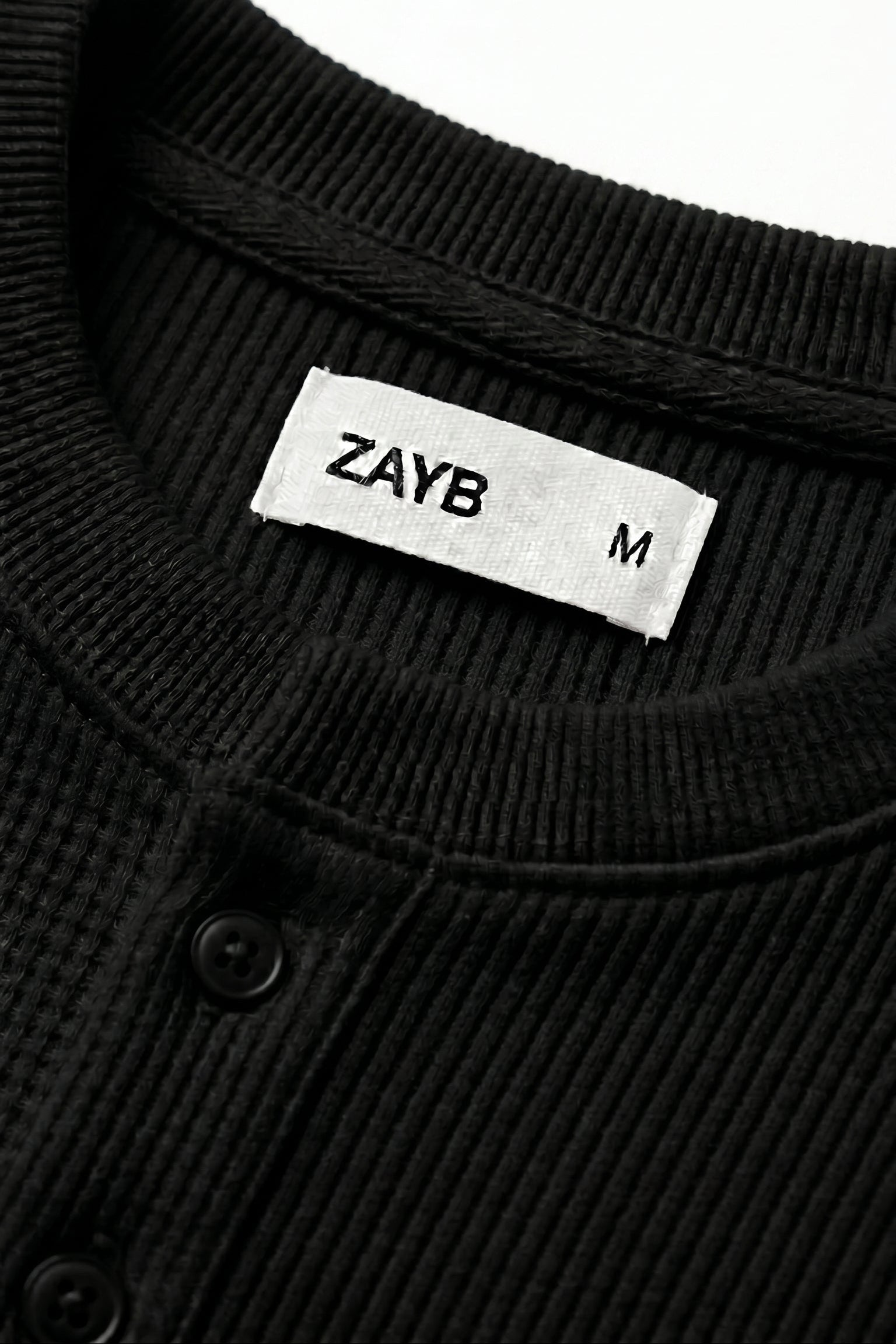 Long Sleeve Ribbed Henley-Black
