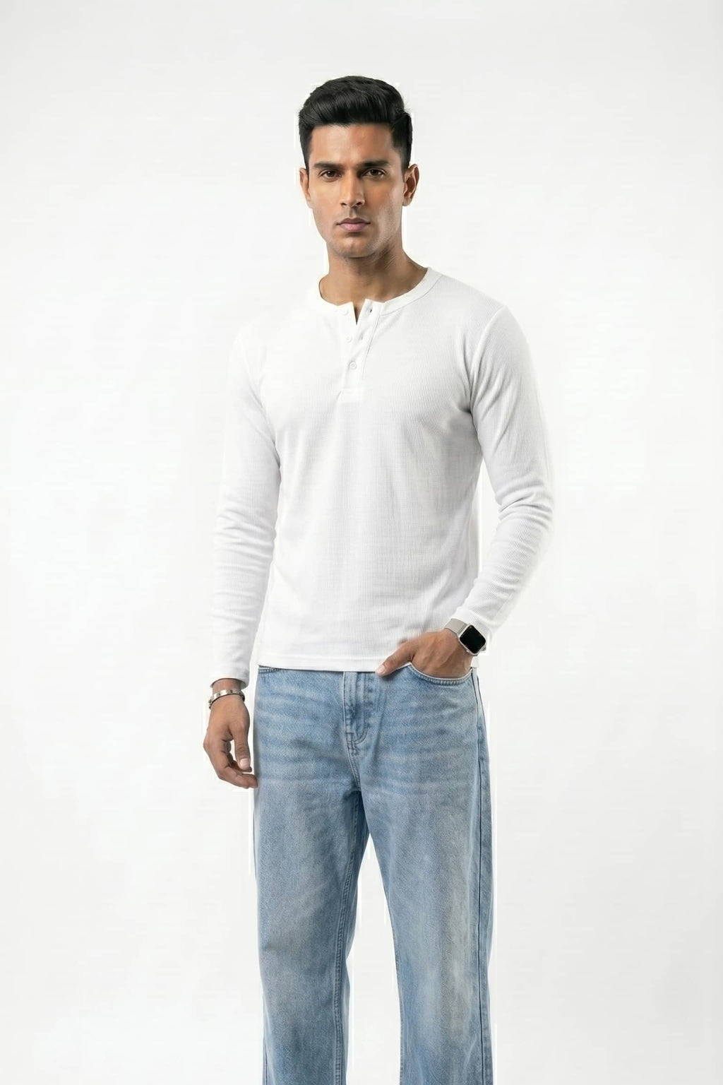 Long Sleeve Ribbed Henley - White