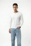 Long Sleeve Ribbed Henley - White
