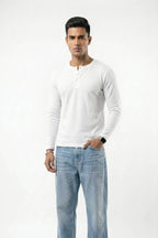 Long Sleeve Ribbed Henley - White