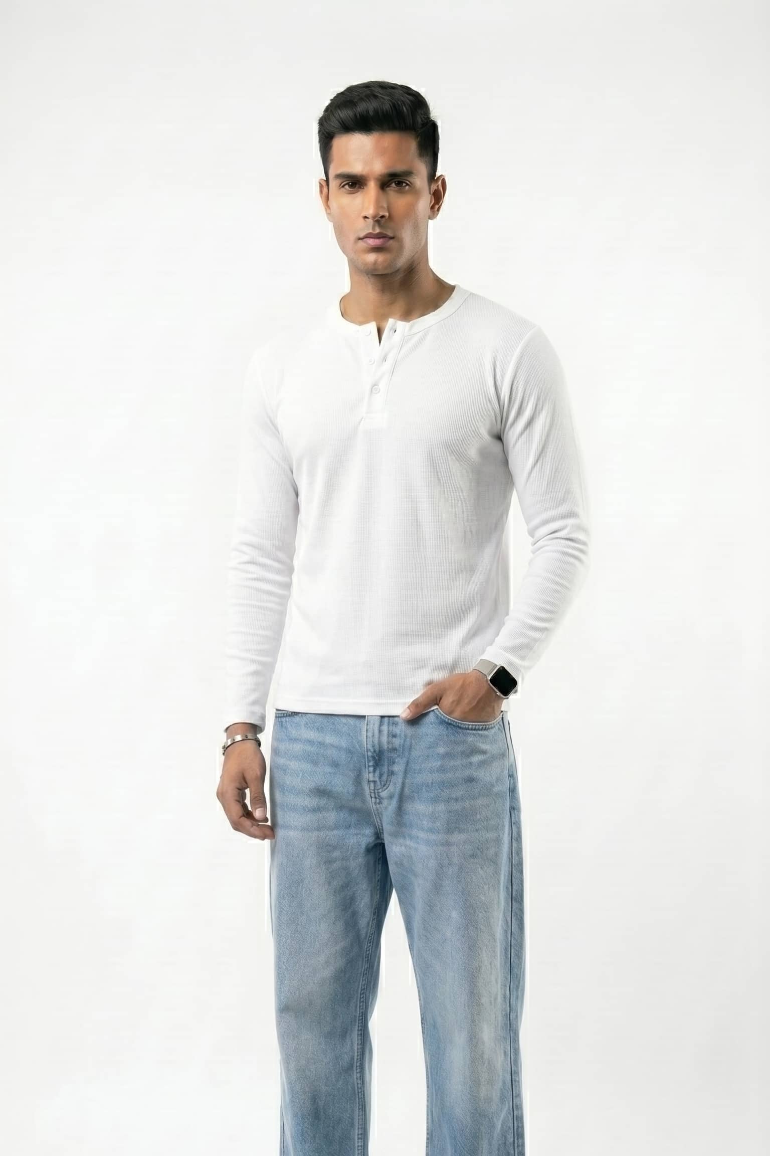 Long Sleeve Ribbed Henley - White