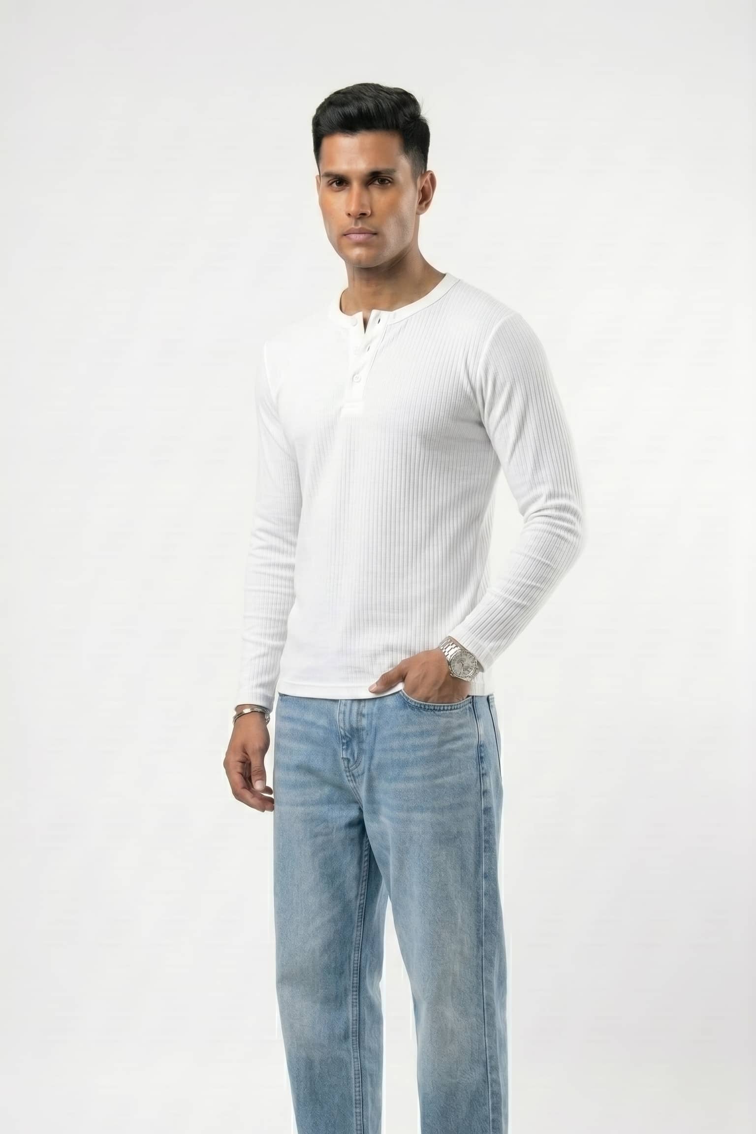 Long Sleeve Ribbed Henley - White