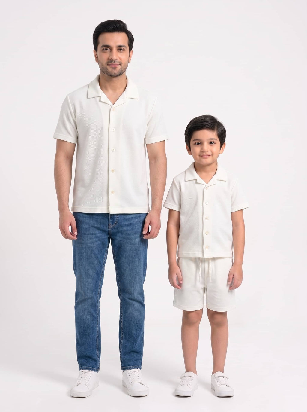 Father and son wearing matching Pearl White Family Cuban Bundle
