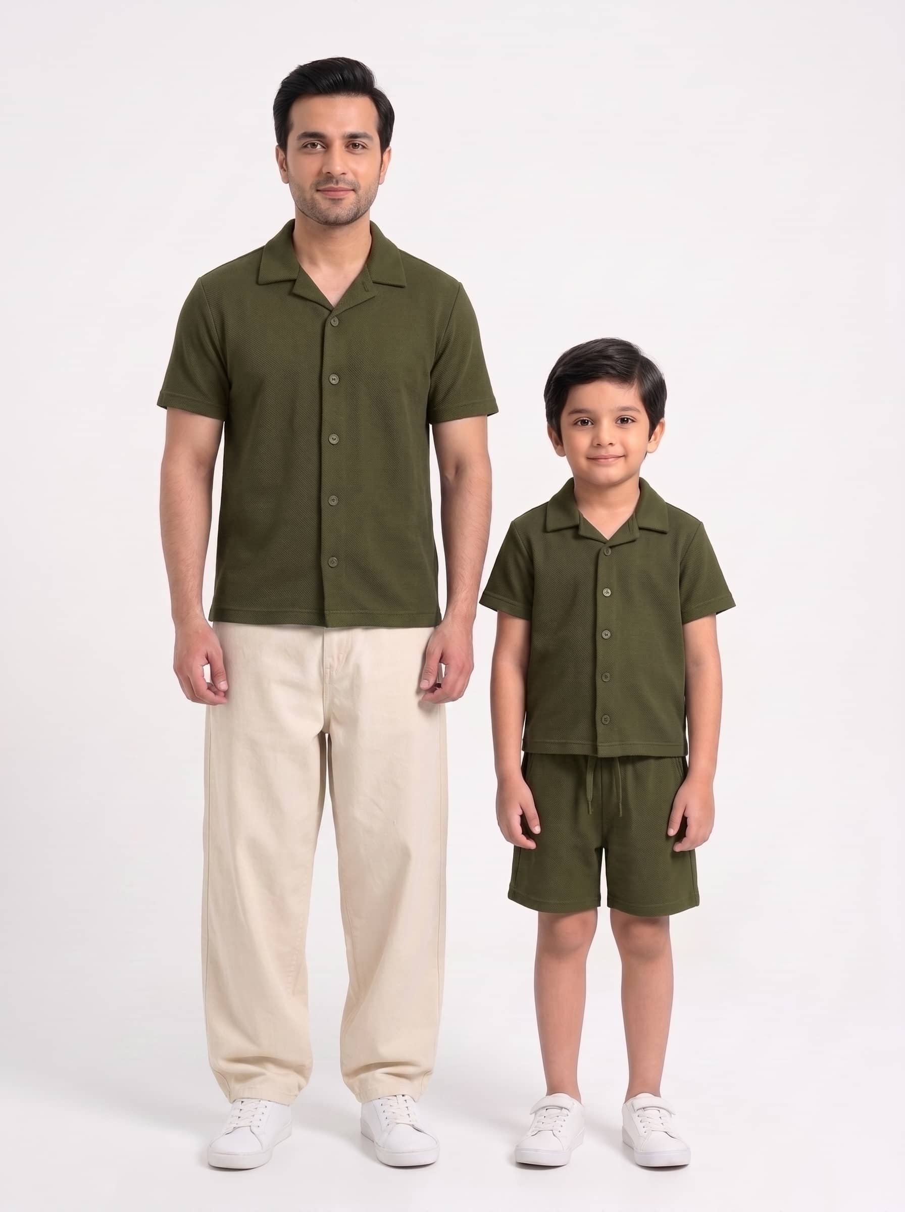 Father and son wearing matching Dusty Olive Family Cuban Bundle