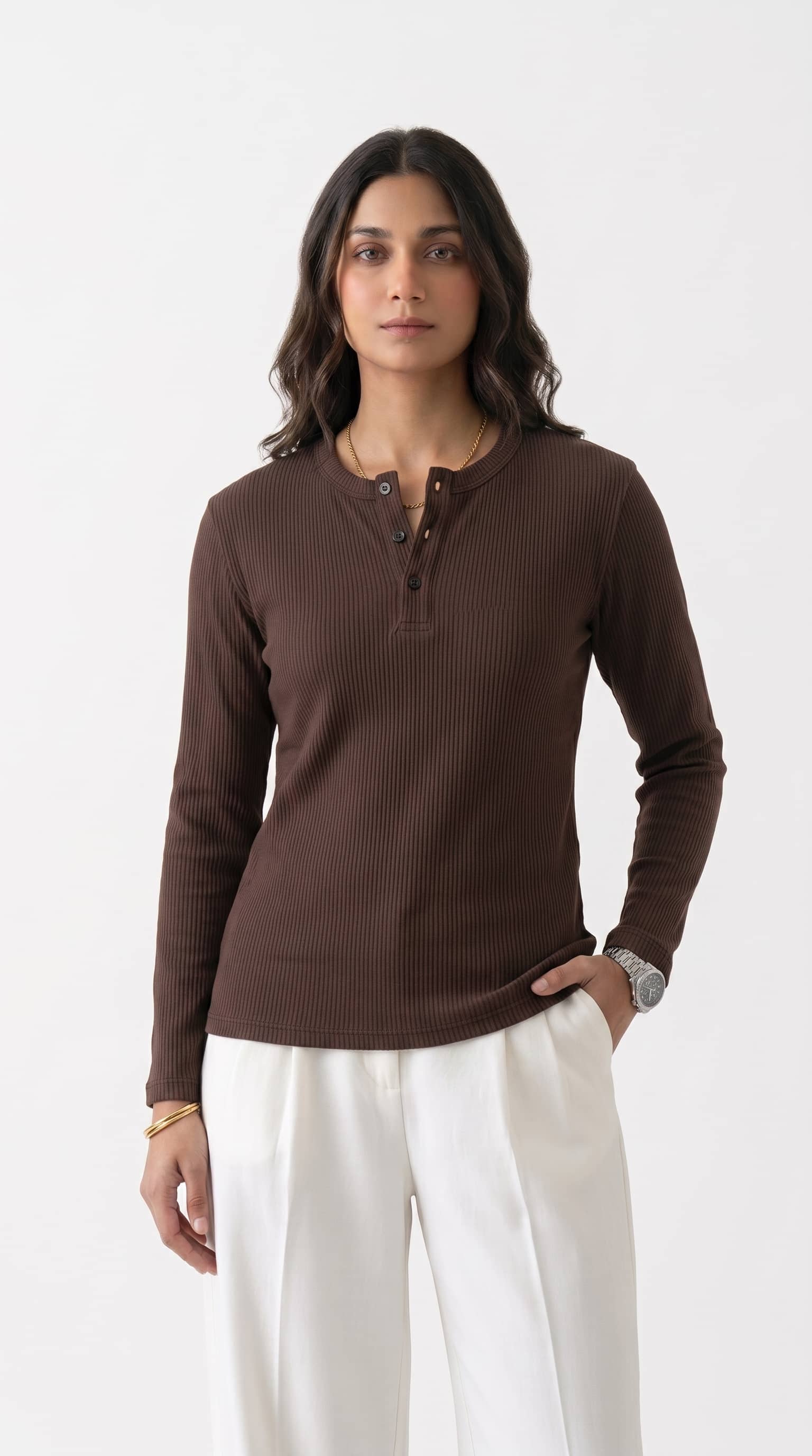 Women's Long Sleeve Ribbed Henley - Hazel
