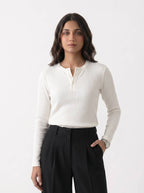 Women's Long Sleeve Ribbed Henley - White