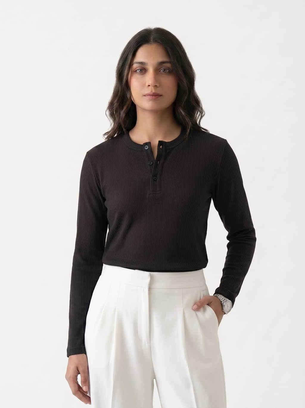 Women's Long Sleeve Ribbed Henley - Black