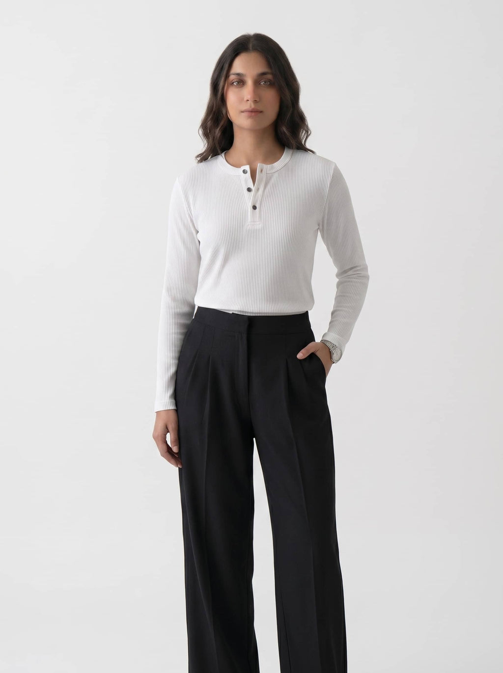 Women's Long Sleeve Ribbed Henley - White