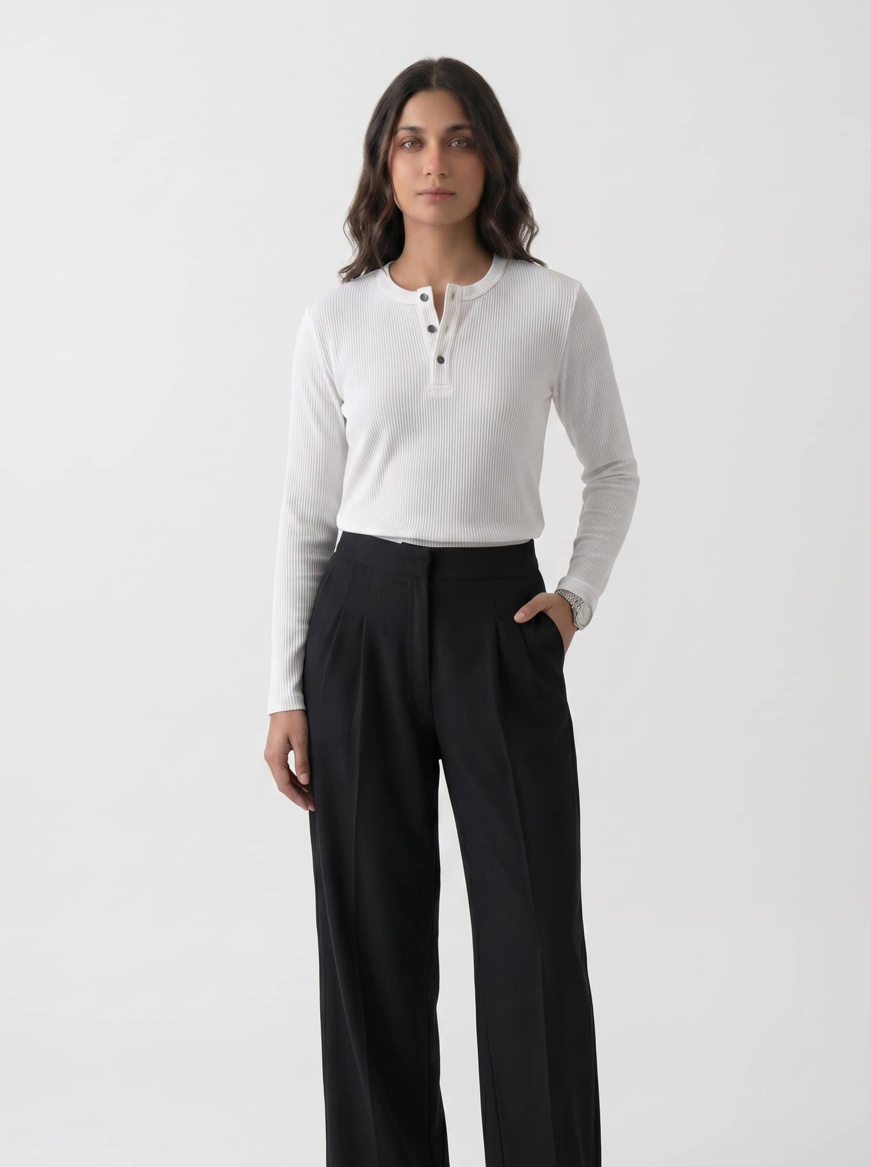 Women's Long Sleeve Ribbed Henley - White
