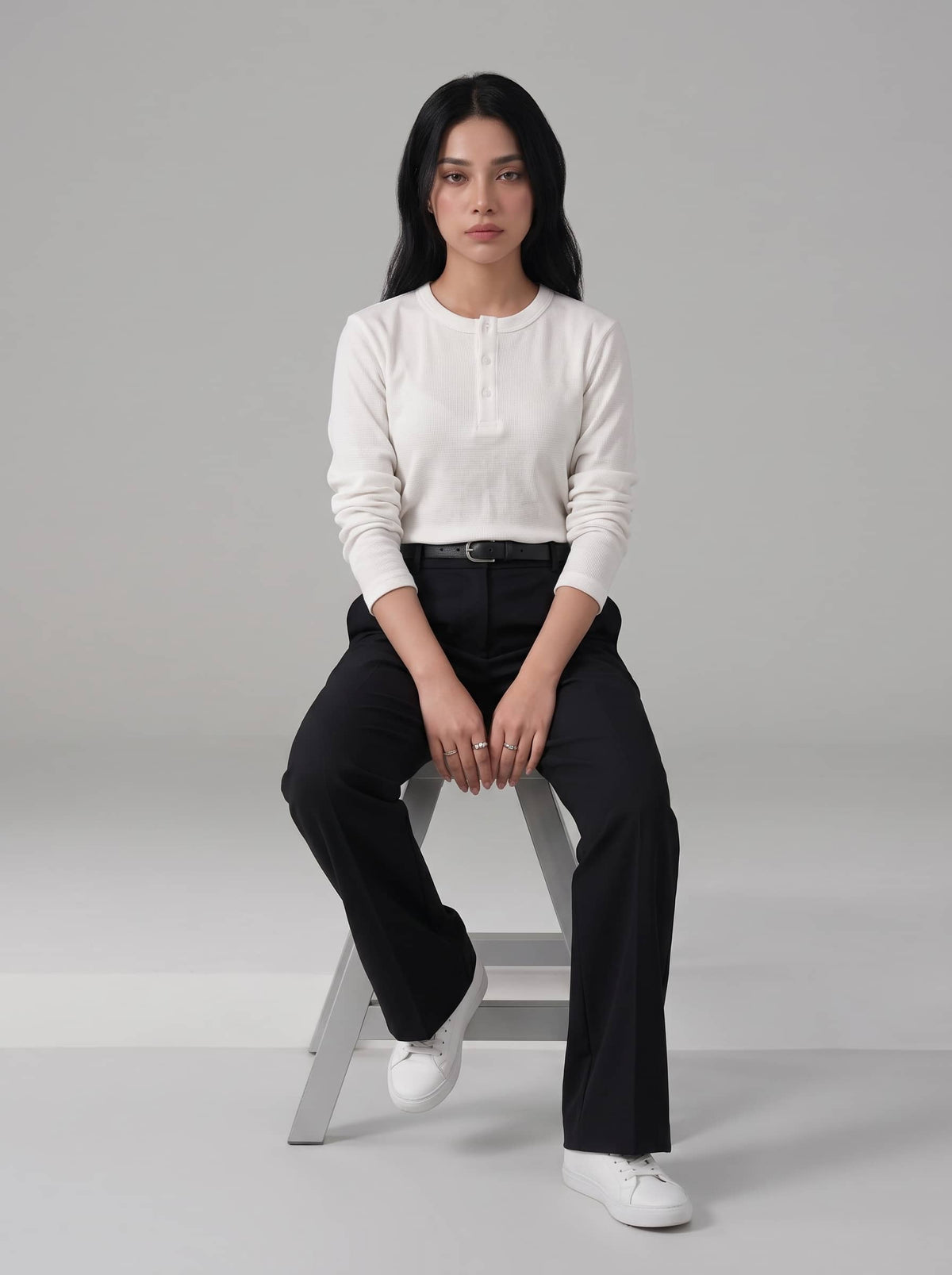 Women's Long Sleeve Ribbed Henley - White