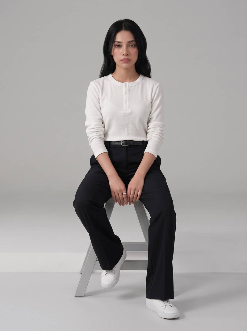 Women's Long Sleeve Ribbed Henley - White