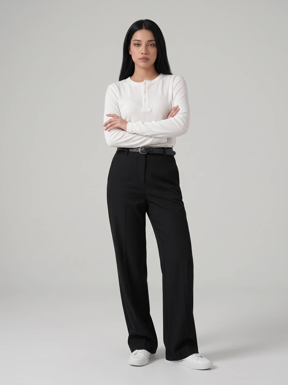 Women's Long Sleeve Ribbed Henley - White