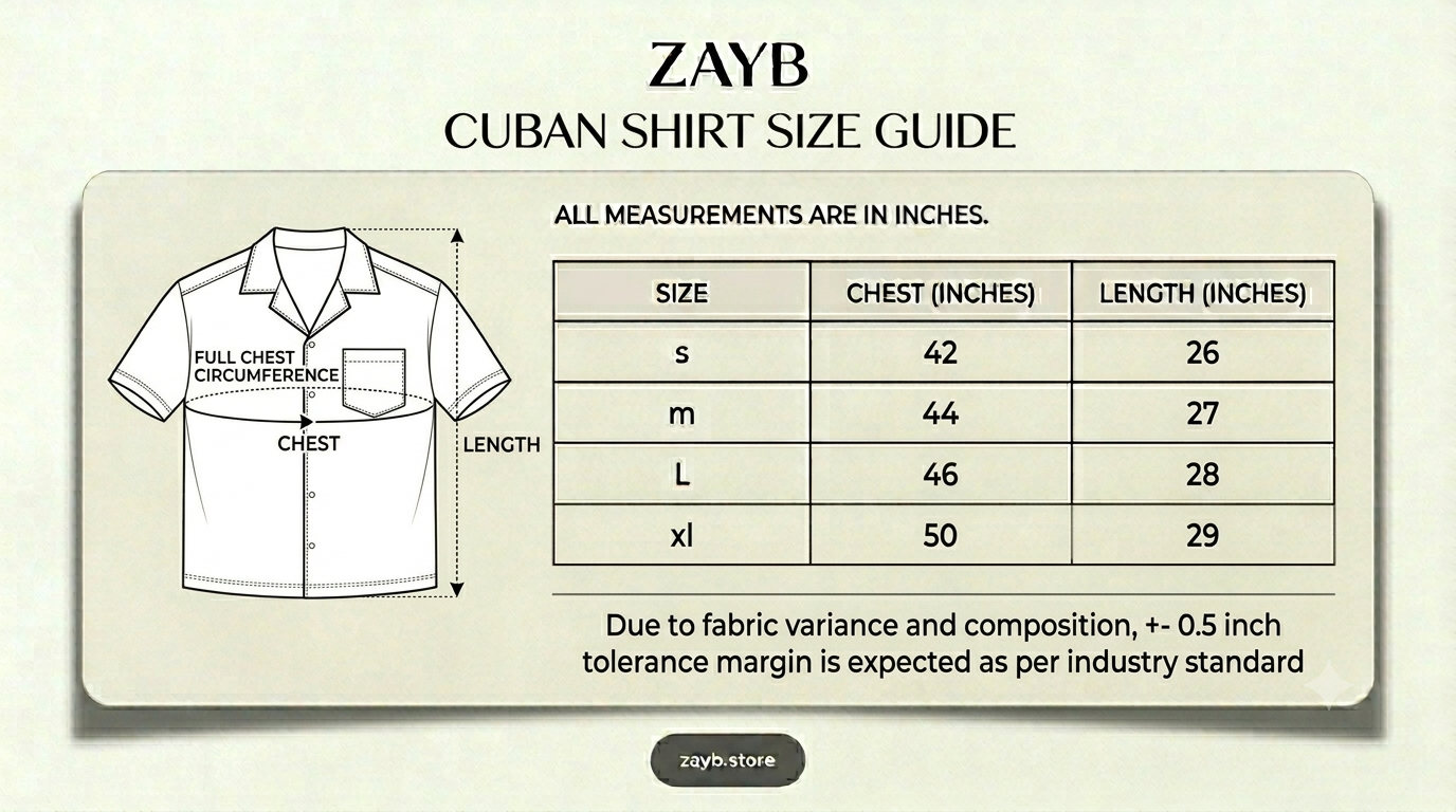 Men's Cuban Collar Shirt size chart