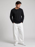 Long Sleeve Ribbed Henley - Black