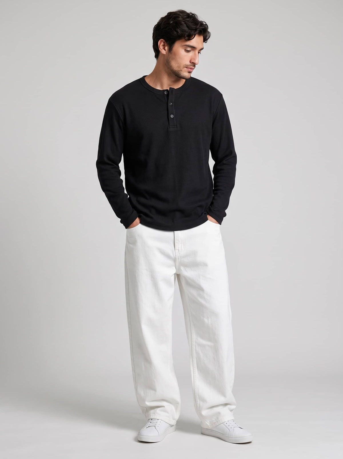 Long Sleeve Ribbed Henley - Black