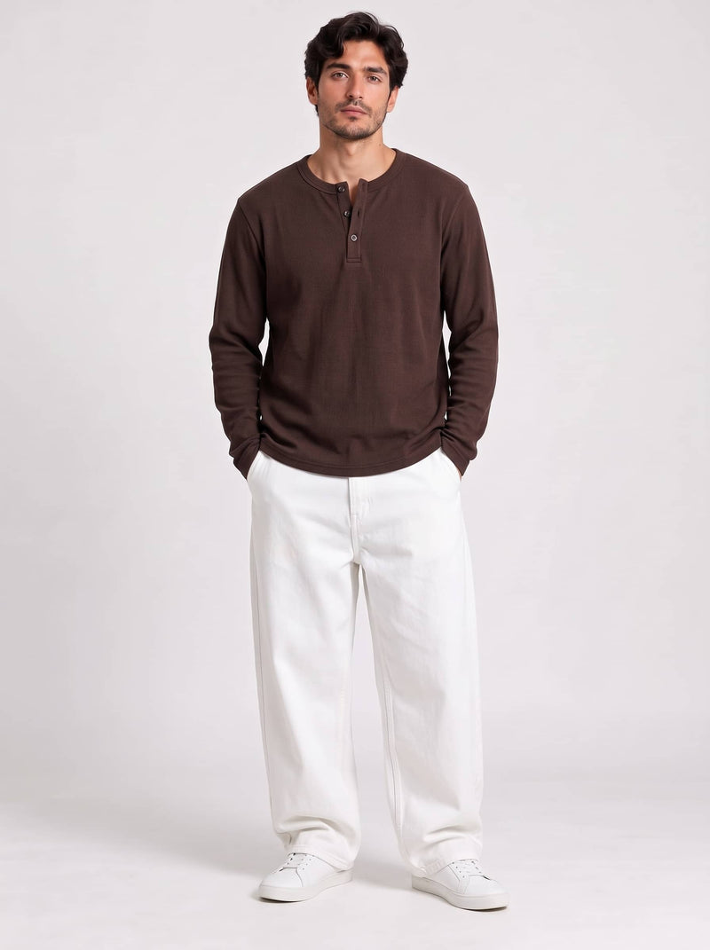 Long Sleeve Ribbed Henley - Hazel