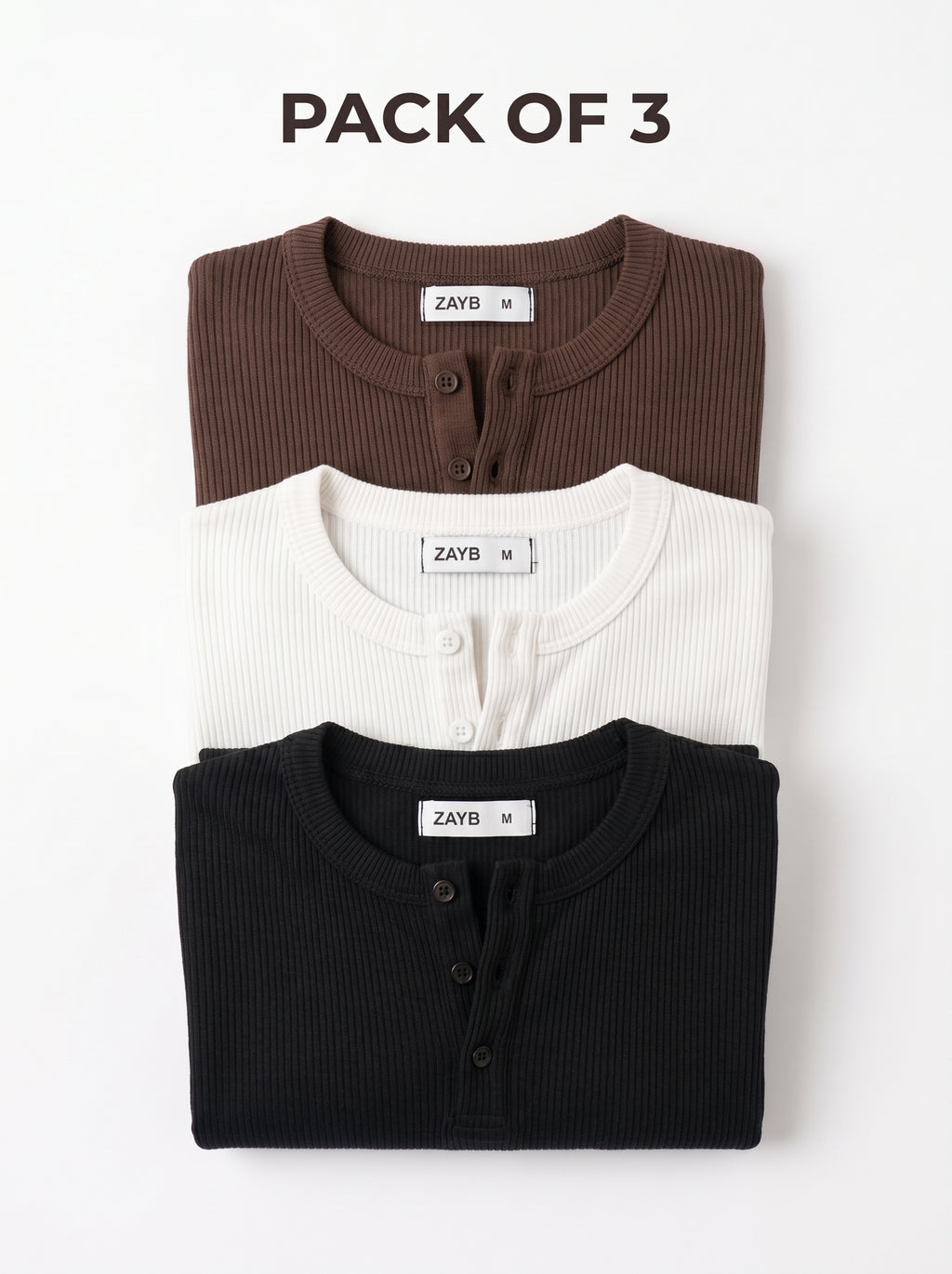 Long Sleeve Ribbed Henley — Pack of 3