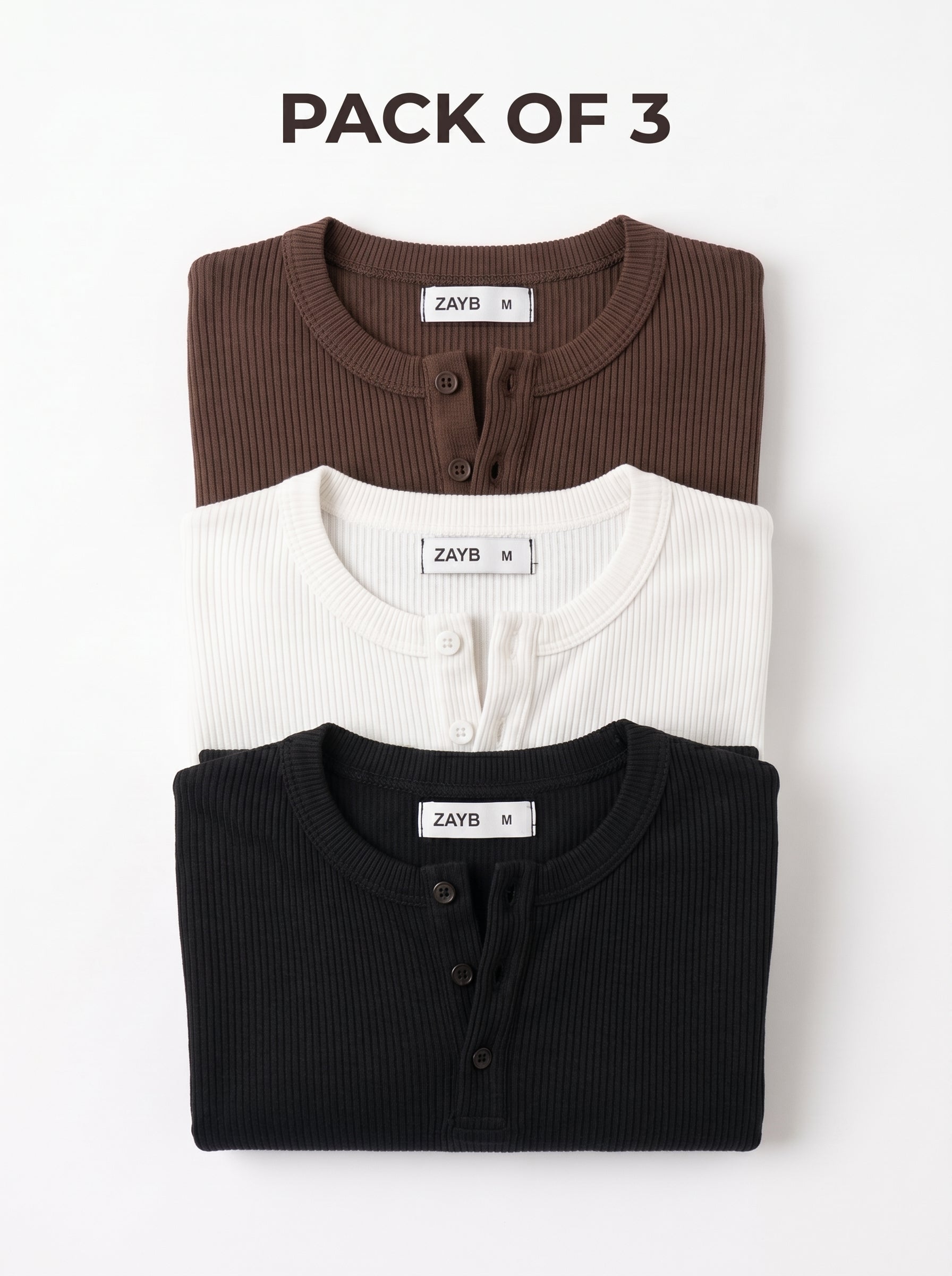 Long Sleeve Ribbed Henley — Pack of 3