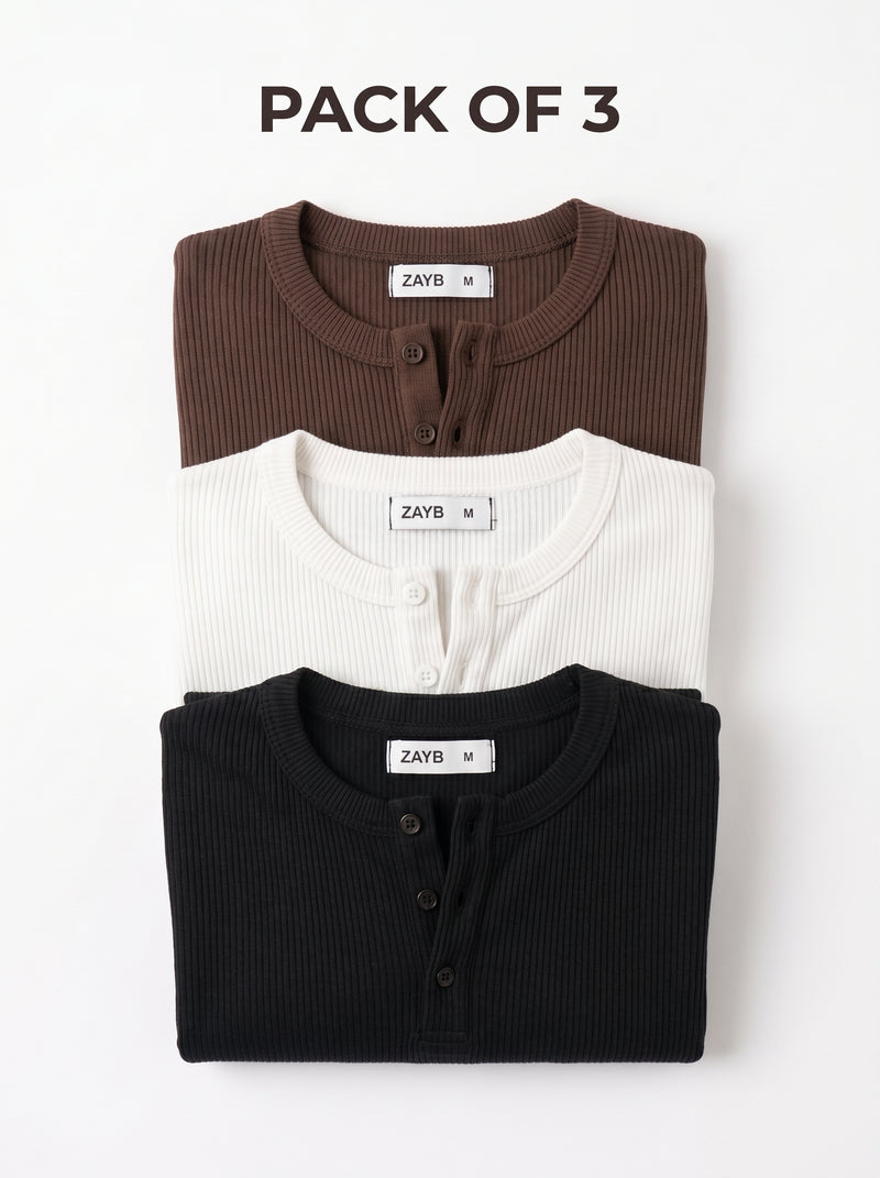 Long Sleeve Ribbed Henley — Pack of 3