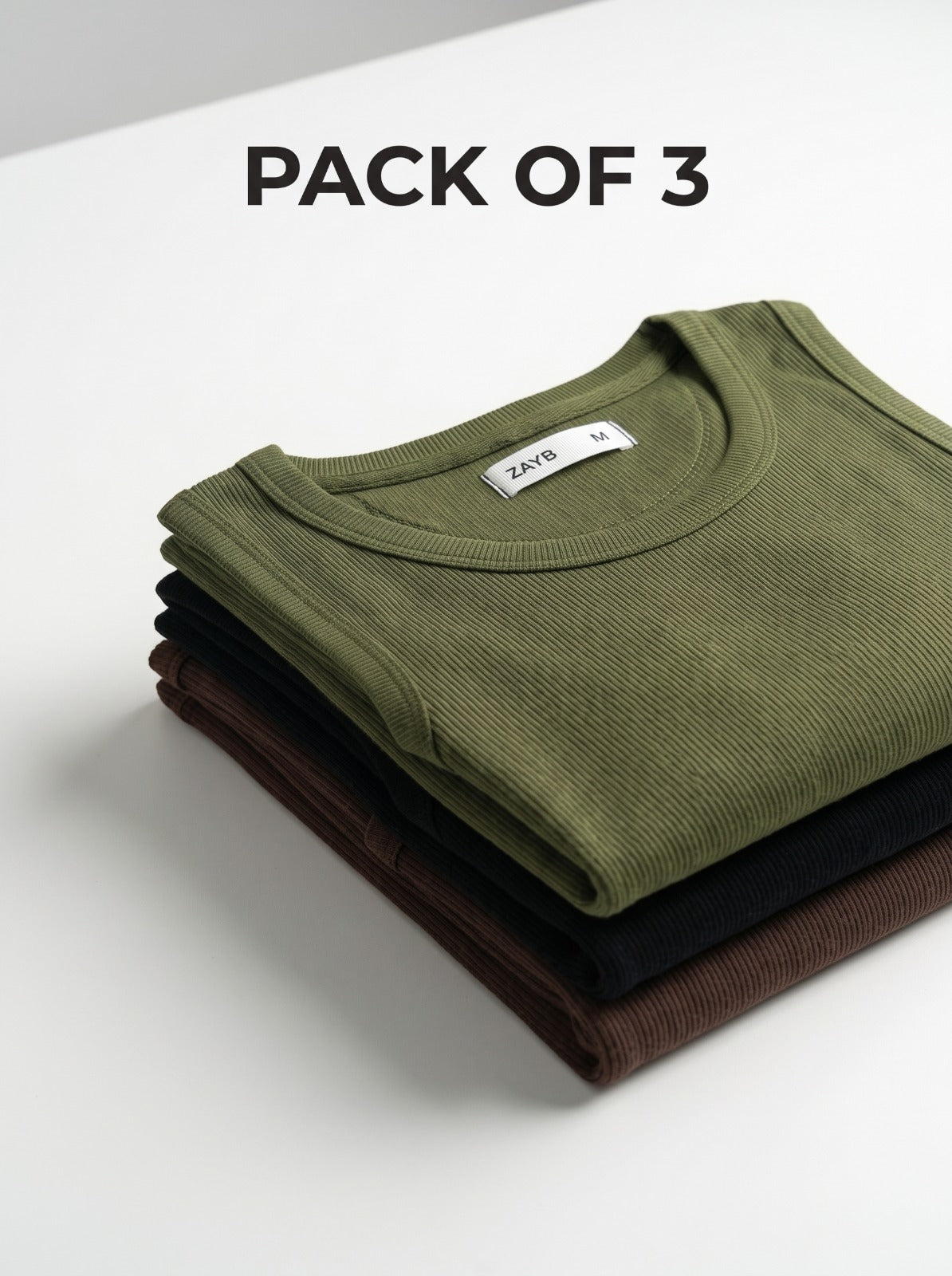 Essential Ribbed Tank Tops — Pack of 3 (Hazel, Black & Chieve)