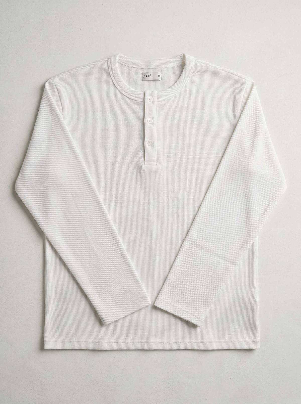 Long Sleeve Ribbed Henley - White