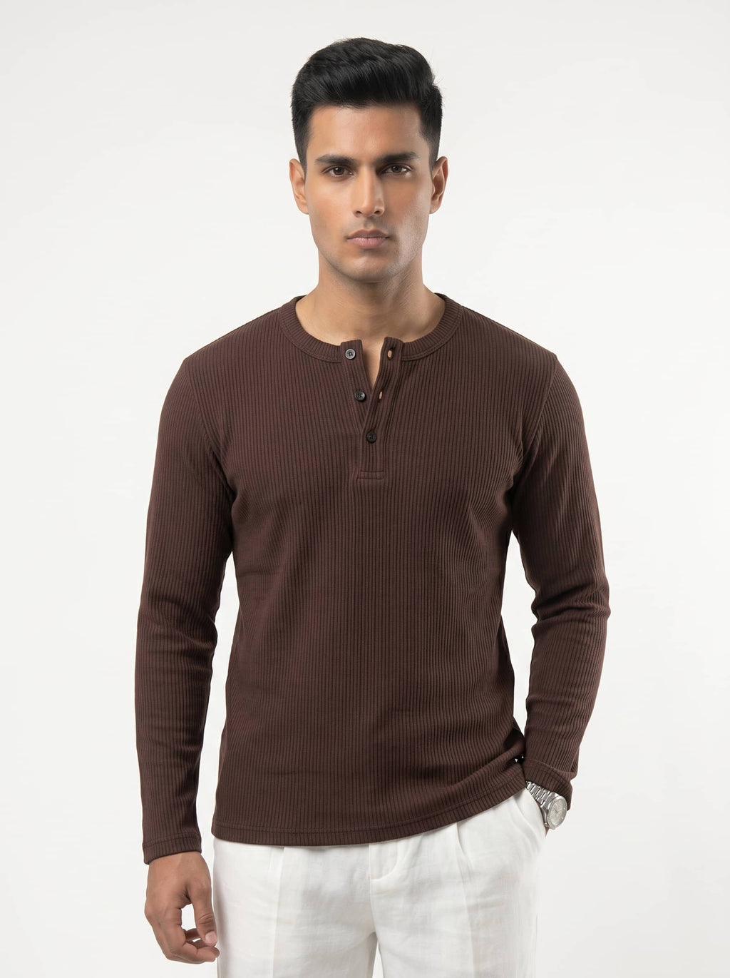 Long Sleeve Ribbed Henley - Hazel