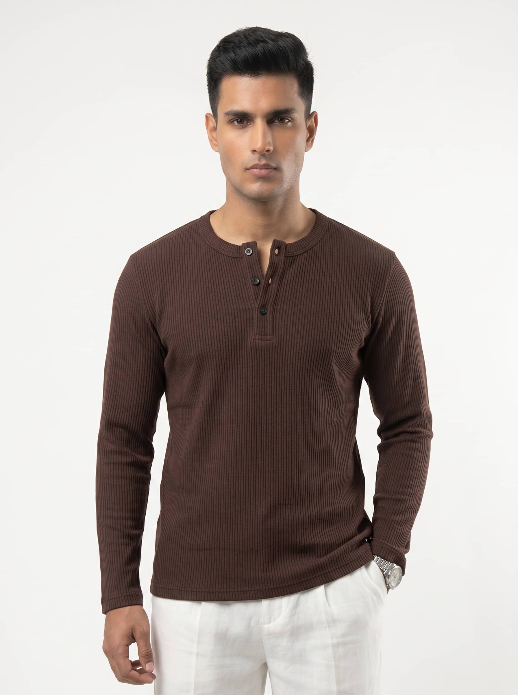 Long Sleeve Ribbed Henley - Hazel