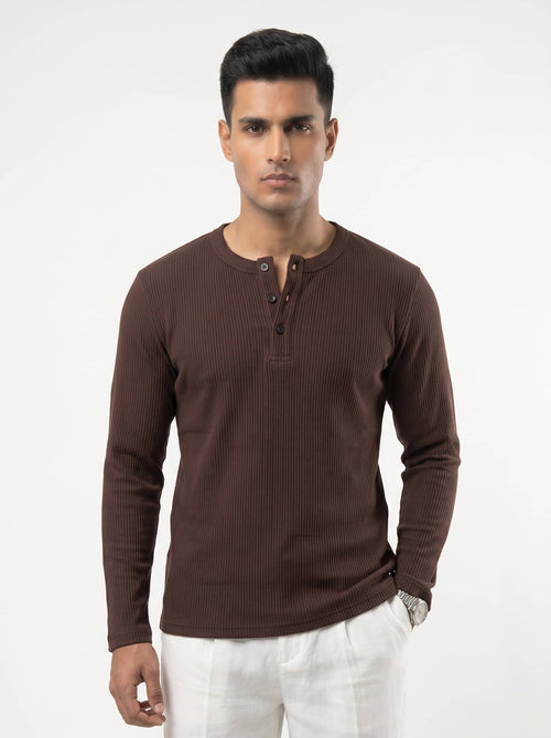 Long Sleeve Ribbed Henley - Hazel - front view