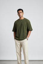 Two-Tone Thermal Oversized Tee | Moss Green