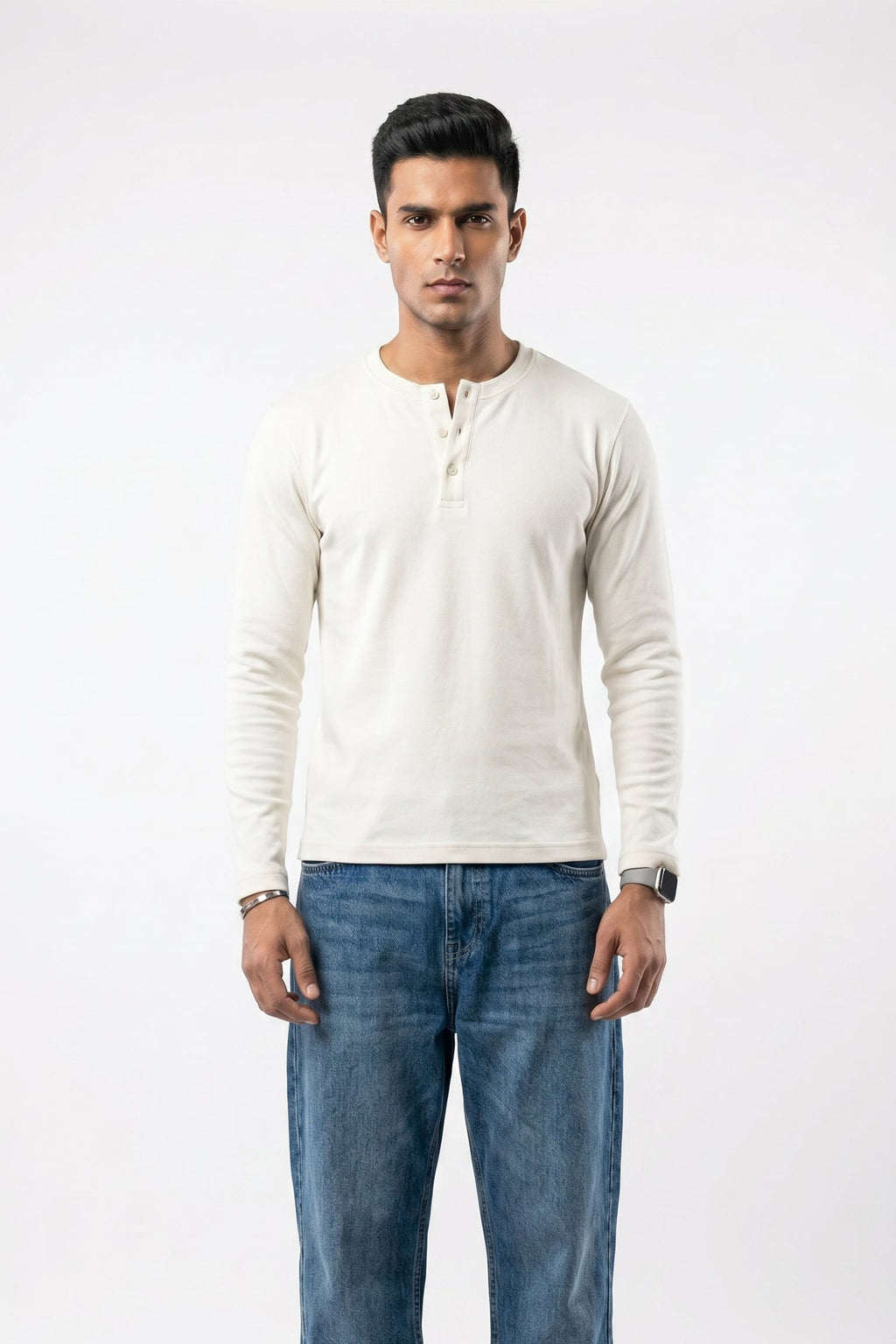 Long Sleeve Ribbed Henley-White