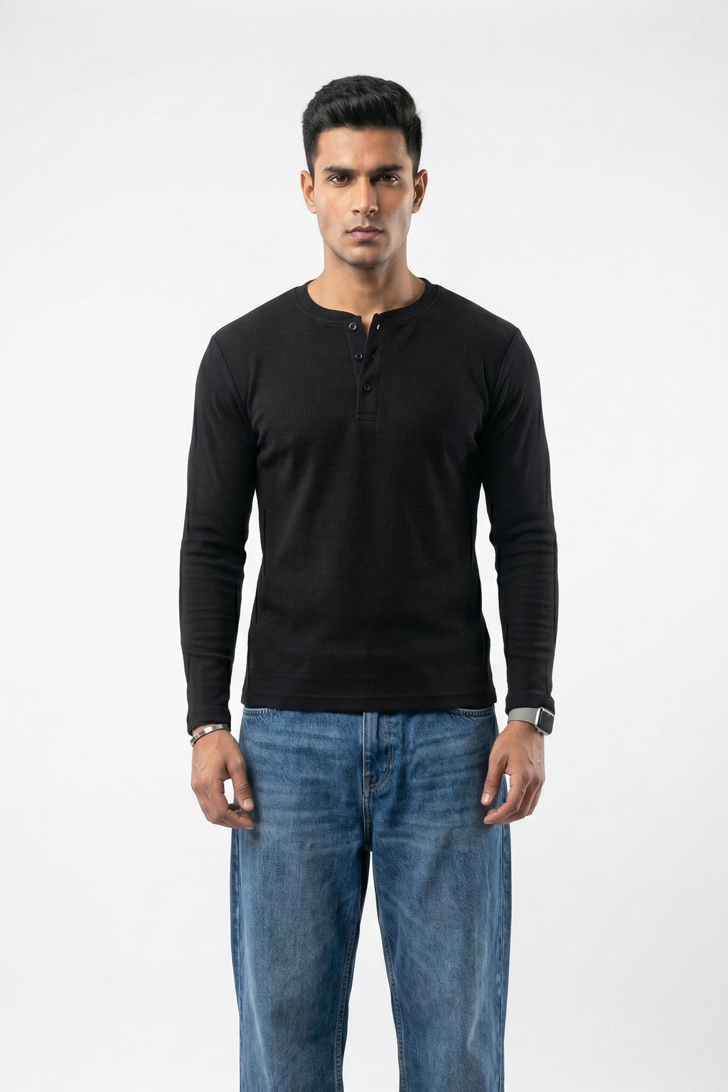 Long Sleeve Ribbed Henley-Black
