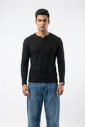 Long Sleeve Ribbed Henley-Black