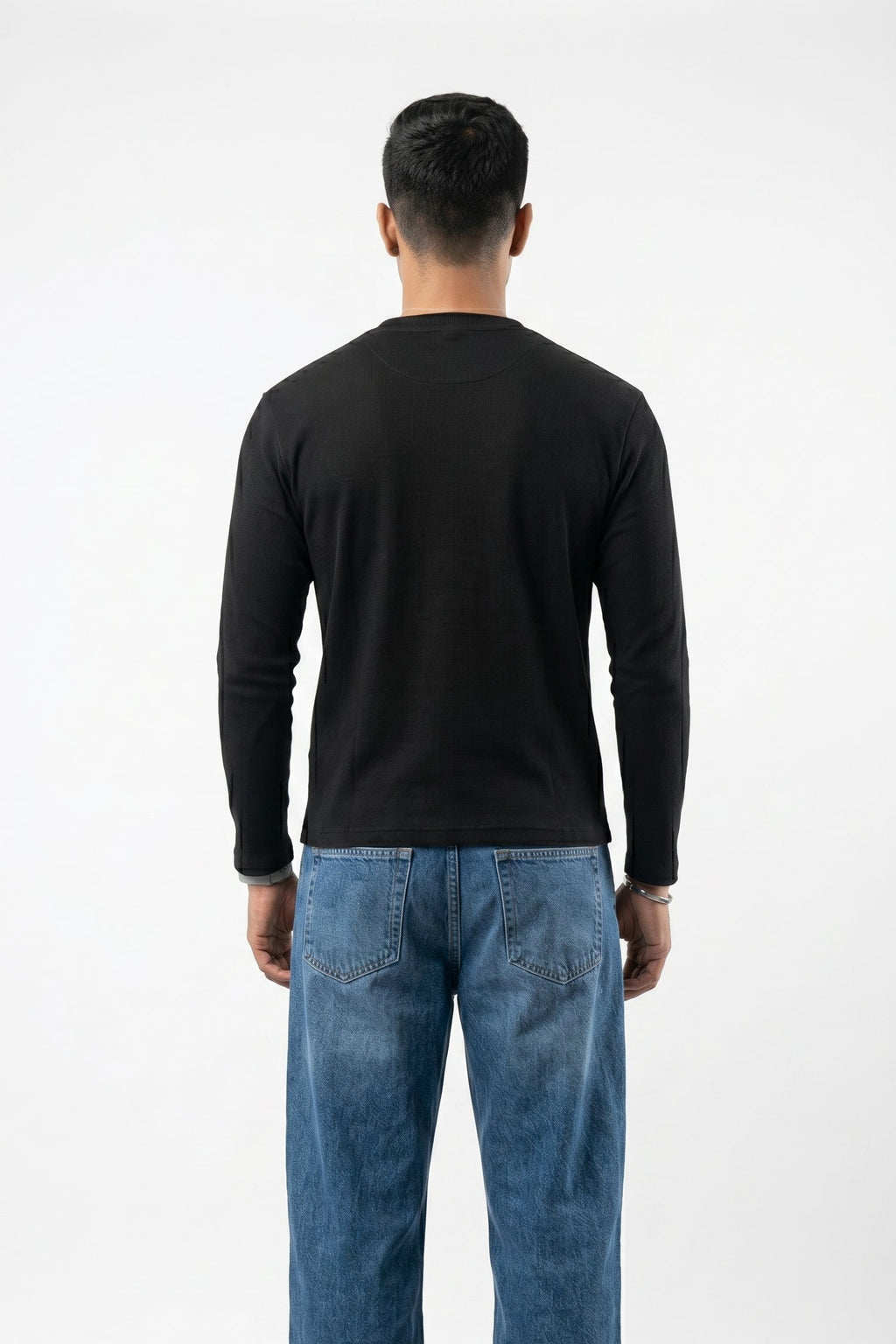Long Sleeve Ribbed Henley-Black