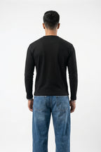 Long Sleeve Ribbed Henley-Black