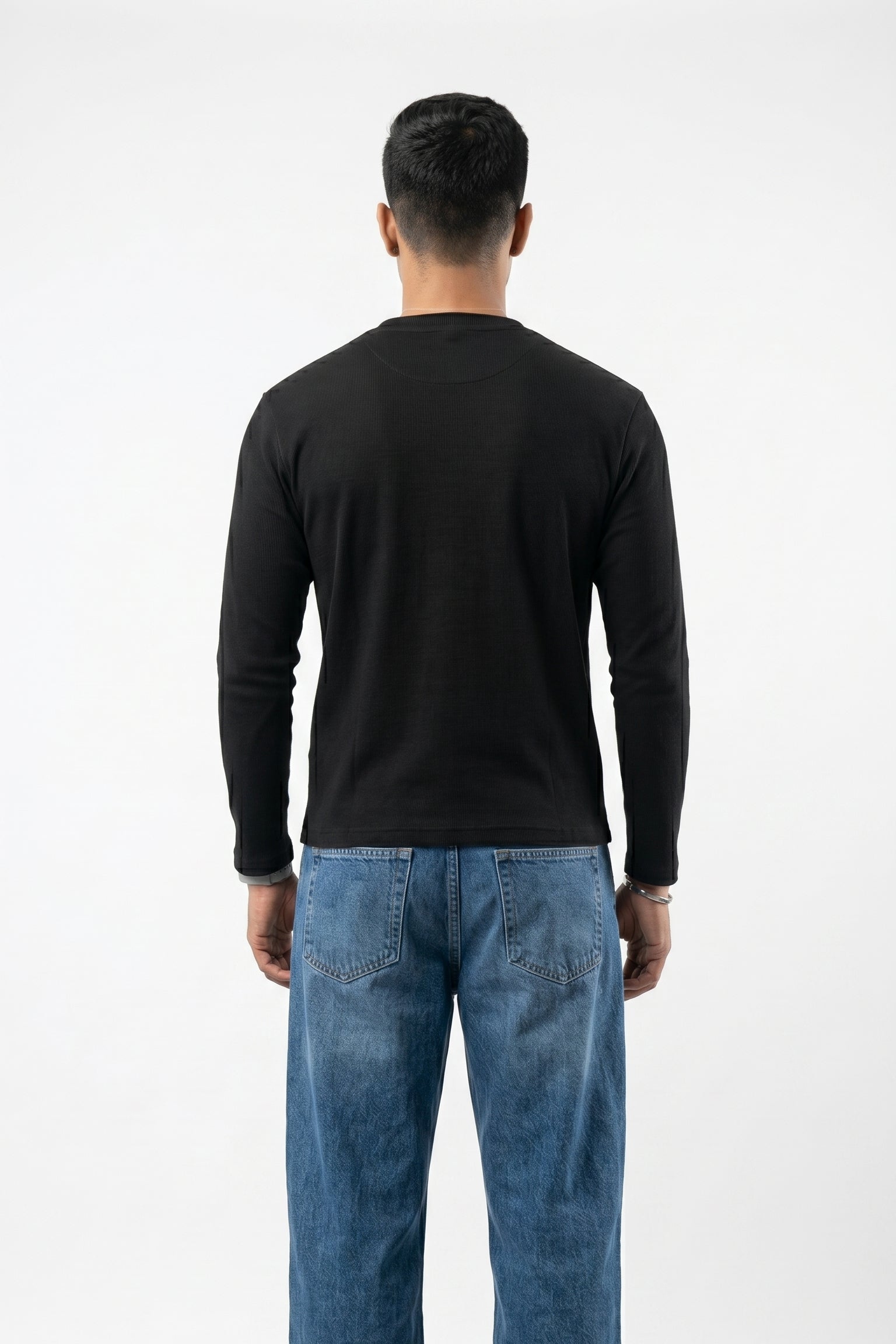 Long Sleeve Ribbed Henley-Black