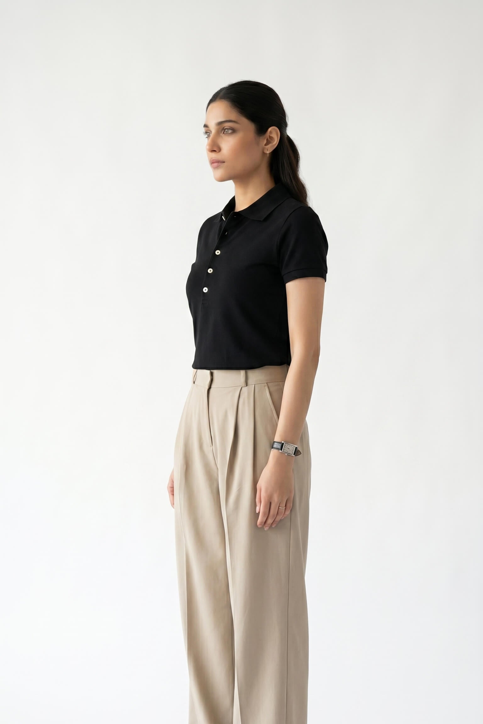 Women's Fine Knit Polo Shirt-Black