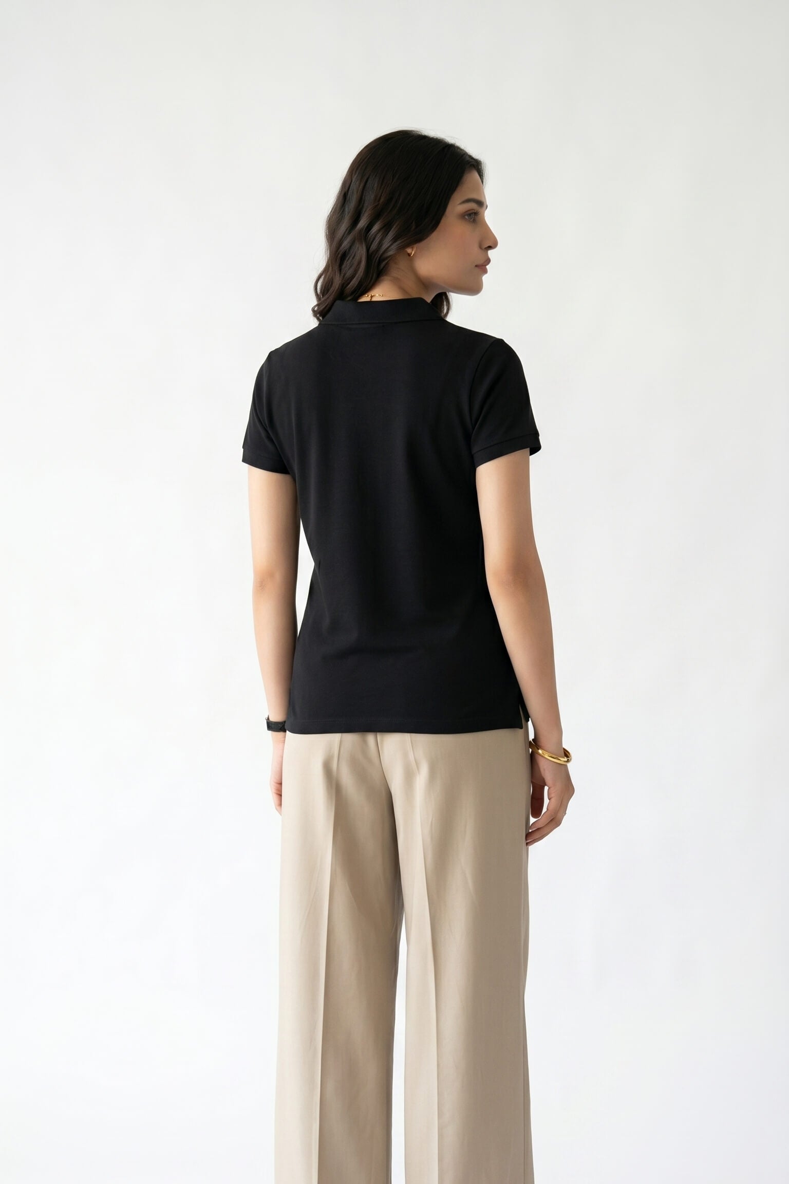 Women's Fine Knit Polo Shirt-Black