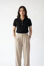 Women's Fine Knit Polo Shirt-Black