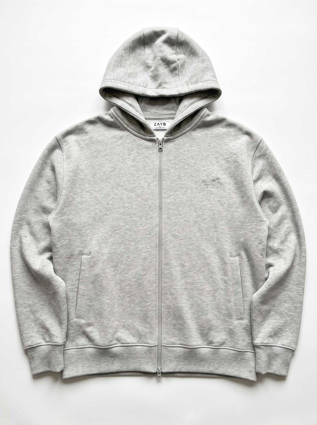 Zayb Archive 26 grey melange double-zip hoodie, flat lay